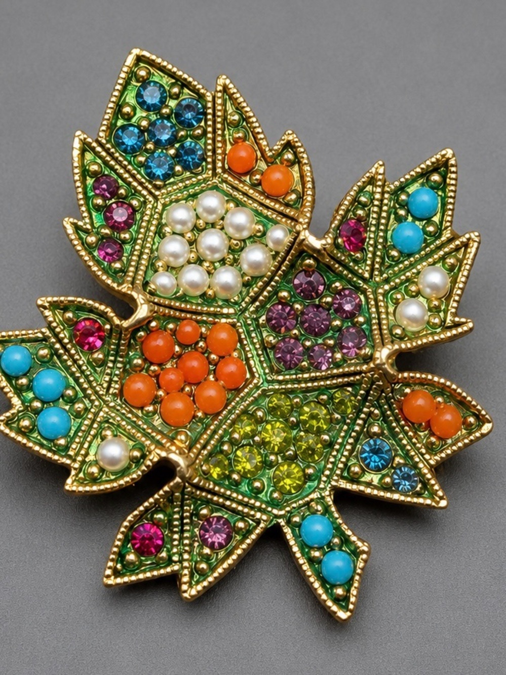 Vintage D’Orlan Buried Treasures 22 kt Leaf Jewel Brooch #47SB